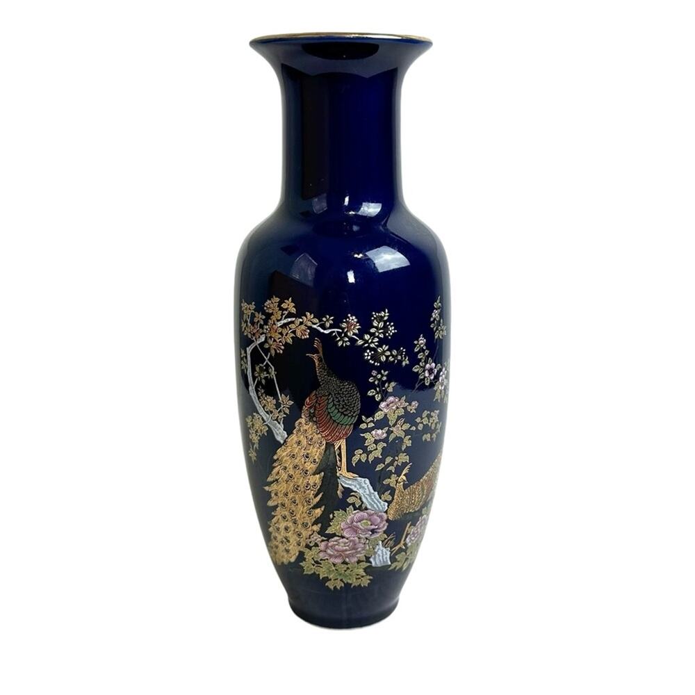 Vintage Peacock Japanese Cobalt Vase National Silver Company Nagoya Japan